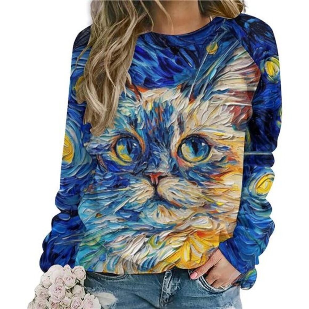 ZOCAVIA Women's Y2K Art Cat Sweatshirts Fall Abstract Cat Graphic Pullover